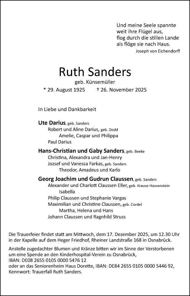  Traueranzeige für Ruth Sanders vom 06.12.2025 aus Neue Osnabrücker Zeitung GmbH & Co. KG