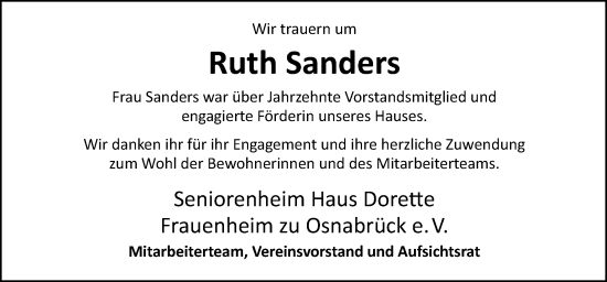Traueranzeige von Ruth Sanders von Neue Osnabrücker Zeitung GmbH & Co. KG