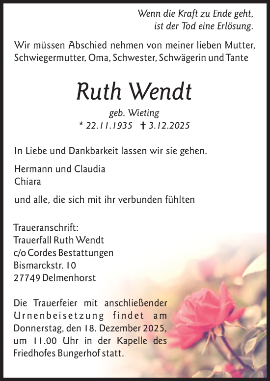 Traueranzeige von Ruth Wendt von DK Medien GmbH & Co. KG