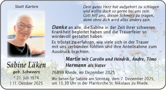 Traueranzeige von Sabine Läken von Neue Osnabrücker Zeitung GmbH & Co. KG