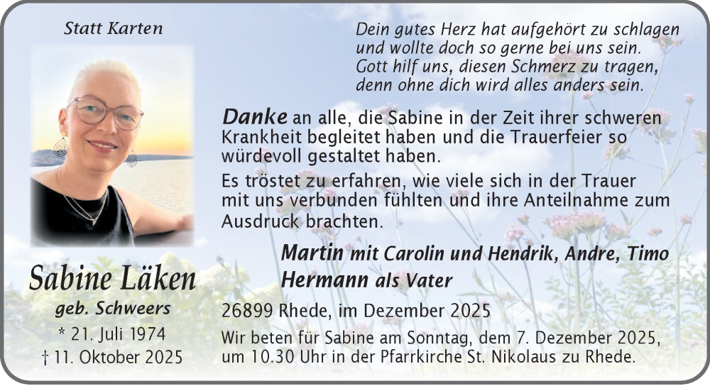  Traueranzeige für Sabine Läken vom 06.12.2025 aus Neue Osnabrücker Zeitung GmbH & Co. KG