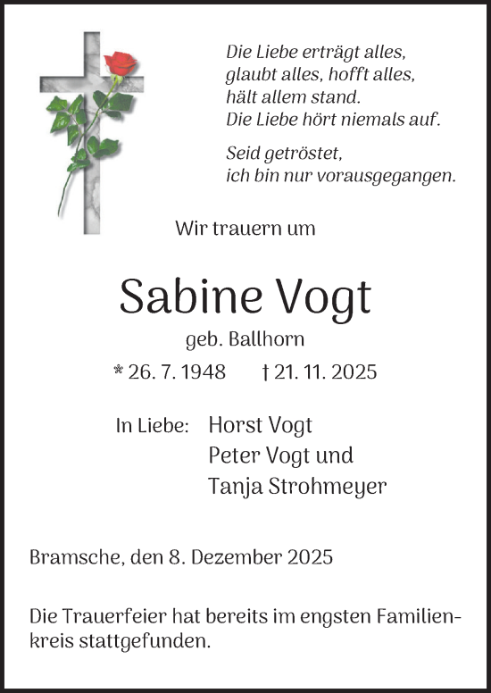 Traueranzeige von Sabine Vogt von Neue Osnabrücker Zeitung GmbH & Co. KG