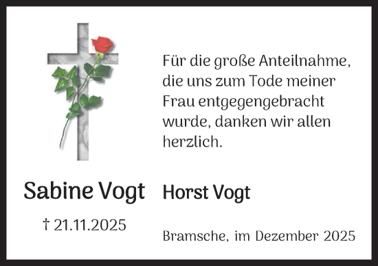 Traueranzeige von Sabine Vogt von Neue Osnabrücker Zeitung GmbH & Co. KG