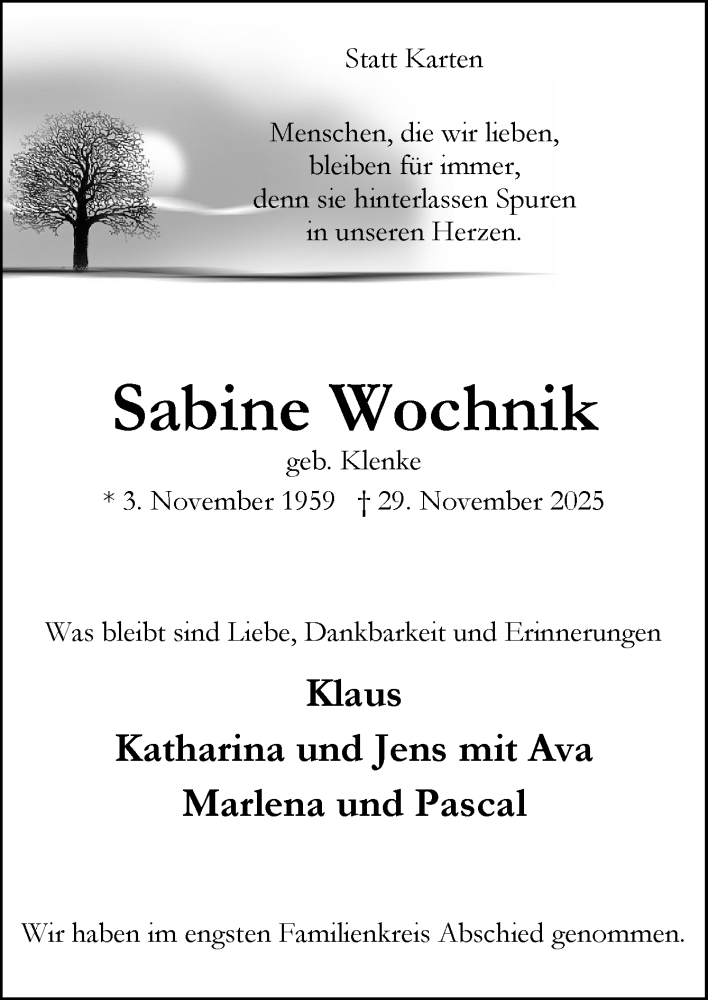  Traueranzeige für Sabine Wochnik vom 20.12.2025 aus Neue Osnabrücker Zeitung GmbH & Co. KG