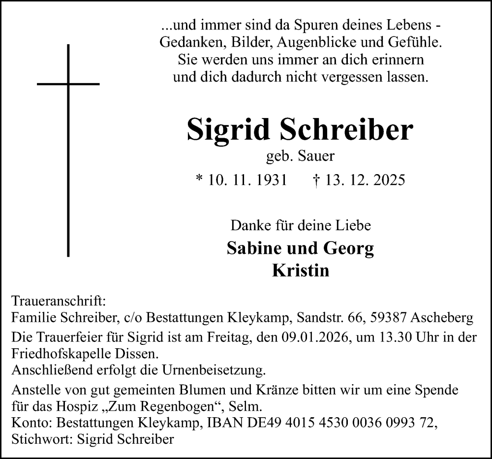  Traueranzeige für Sigrid Schreiber vom 27.12.2025 aus Neue Osnabrücker Zeitung GmbH & Co. KG
