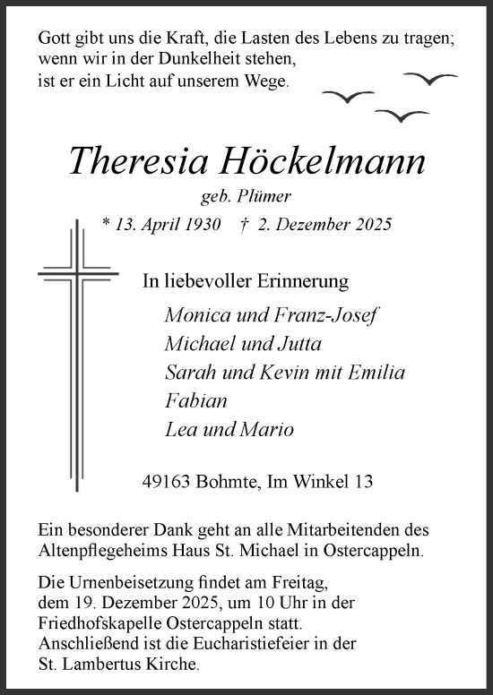 Traueranzeige von Theresia Höckelmann von Neue Osnabrücker Zeitung GmbH & Co. KG