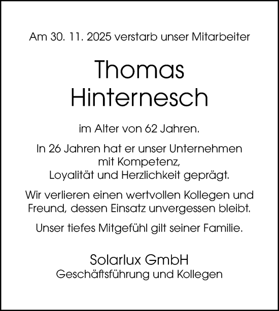 Traueranzeige von Thomas Hinternesch von Neue Osnabrücker Zeitung GmbH & Co. KG