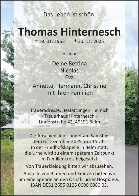 Traueranzeige von Thomas Hinternesch von Neue Osnabrücker Zeitung GmbH & Co. KG