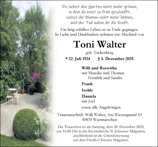 Traueranzeige von Toni Walter von Neue Osnabrücker Zeitung GmbH & Co. KG