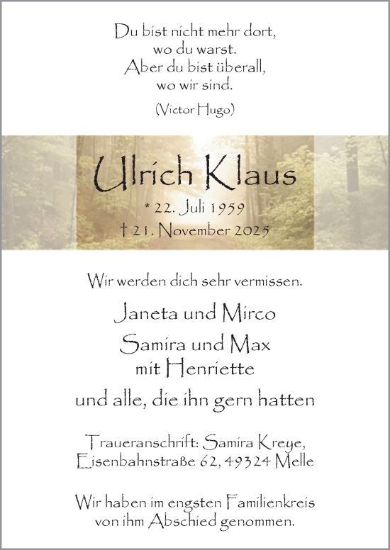 Traueranzeige von Ulrich Klaus von Neue Osnabrücker Zeitung GmbH & Co. KG