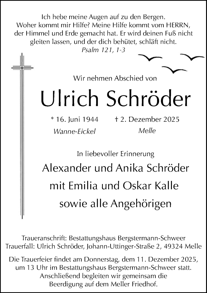  Traueranzeige für Ulrich Schröder vom 06.12.2025 aus Neue Osnabrücker Zeitung GmbH & Co. KG