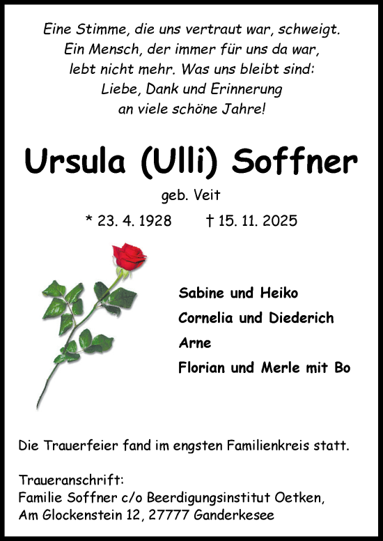 Traueranzeige von Ursula Soffner von DK Medien GmbH & Co. KG