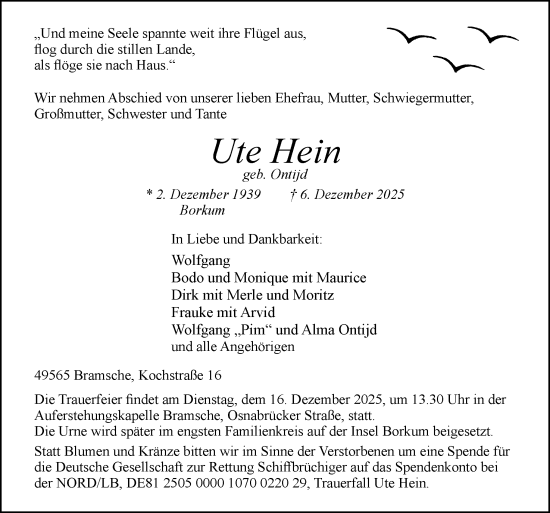 Traueranzeige von Ute Hein von Neue Osnabrücker Zeitung GmbH & Co. KG