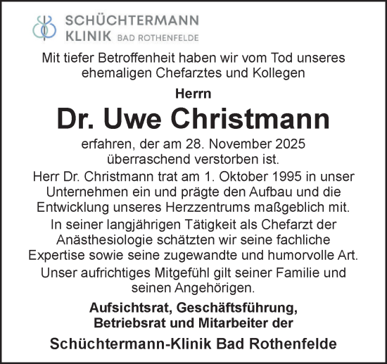 Traueranzeige von Uwe Christmann von Neue Osnabrücker Zeitung GmbH & Co. KG