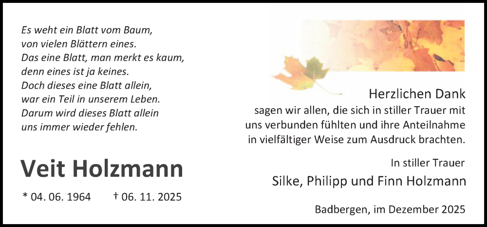  Traueranzeige für Veit Holzmann vom 20.12.2025 aus Neue Osnabrücker Zeitung GmbH & Co. KG