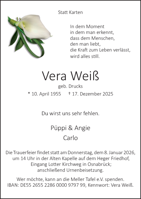 Traueranzeige von Vera Weiß von Neue Osnabrücker Zeitung GmbH & Co. KG