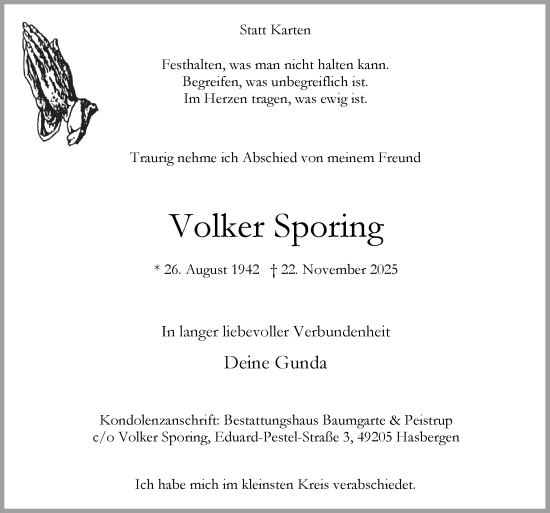 Traueranzeige von Volker Sporing von Neue Osnabrücker Zeitung GmbH & Co. KG