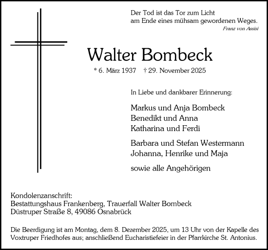 Traueranzeige von Walter Bombeck von Neue Osnabrücker Zeitung GmbH & Co. KG