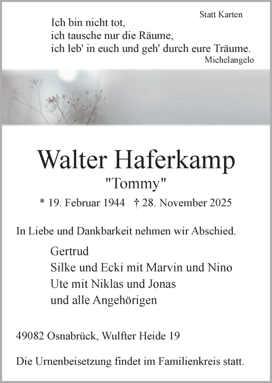 Traueranzeige von Walter Haferkamp von Neue Osnabrücker Zeitung GmbH & Co. KG