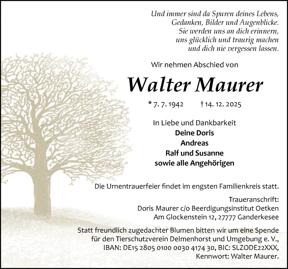  Traueranzeige für Walter Maurer vom 20.12.2025 aus DK Medien GmbH & Co. KG