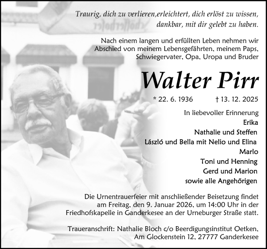 Traueranzeige von Walter Pirr von DK Medien GmbH & Co. KG