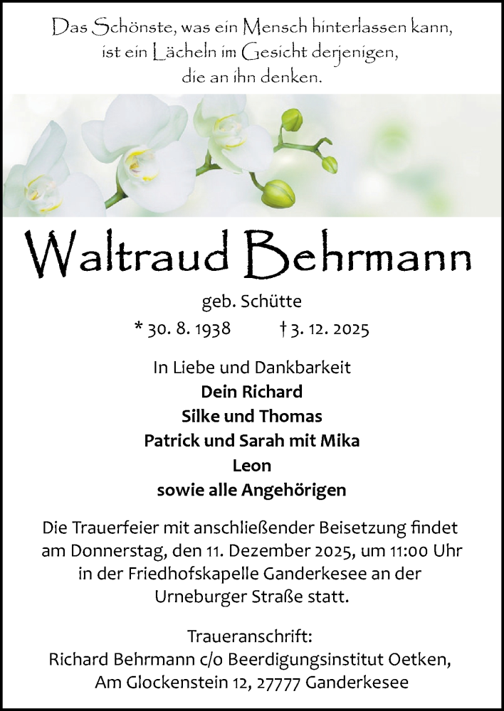  Traueranzeige für Waltraud Behrmann vom 06.12.2025 aus DK Medien GmbH & Co. KG