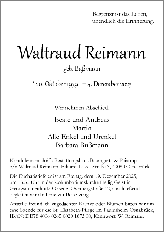 Traueranzeige von Waltraud Reimann von Neue Osnabrücker Zeitung GmbH & Co. KG
