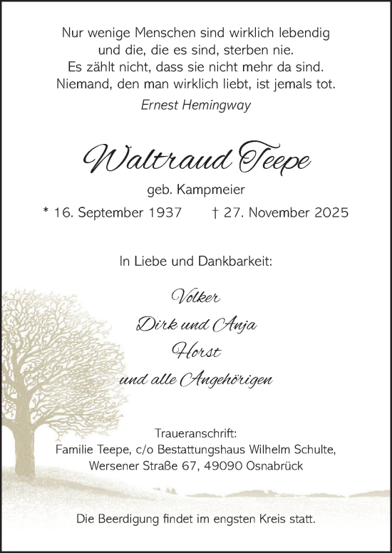 Traueranzeige von Waltraud Teepe von Neue Osnabrücker Zeitung GmbH & Co. KG