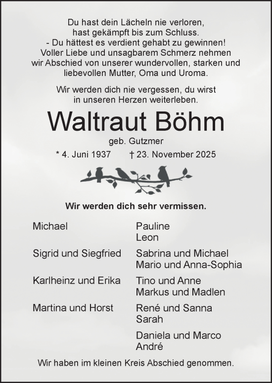 Traueranzeige von Waltraut Böhm von Neue Osnabrücker Zeitung GmbH & Co. KG
