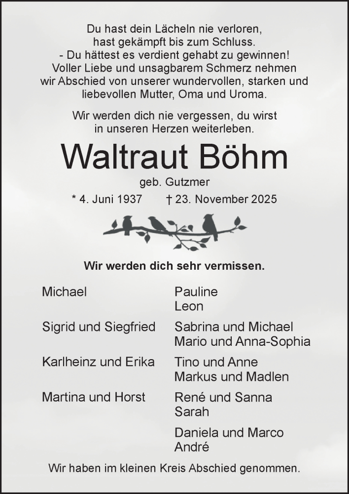  Traueranzeige für Waltraut Böhm vom 13.12.2025 aus Neue Osnabrücker Zeitung GmbH & Co. KG