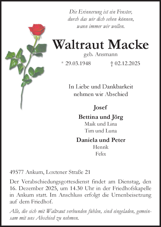 Traueranzeige von Waltraut Macke von Neue Osnabrücker Zeitung GmbH & Co. KG