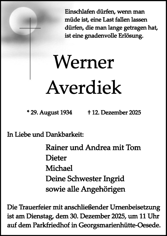Traueranzeige von Werner Averdiek von Neue Osnabrücker Zeitung GmbH & Co. KG