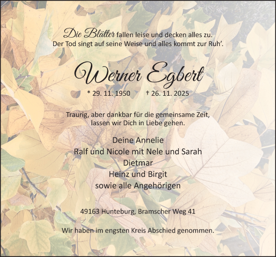 Traueranzeige von Werner Egbert von Neue Osnabrücker Zeitung GmbH & Co. KG