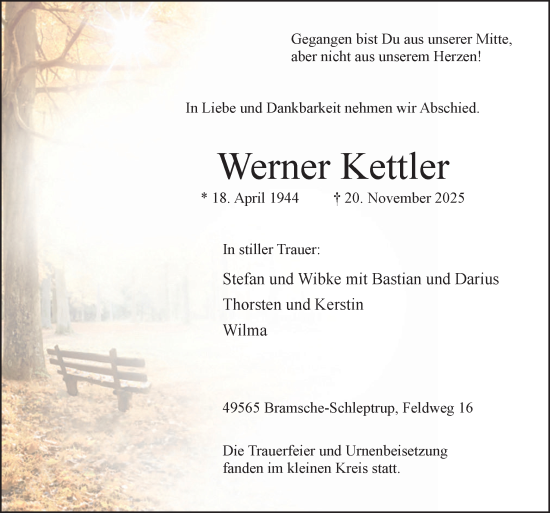 Traueranzeige von Werner Kettler von Neue Osnabrücker Zeitung GmbH & Co. KG