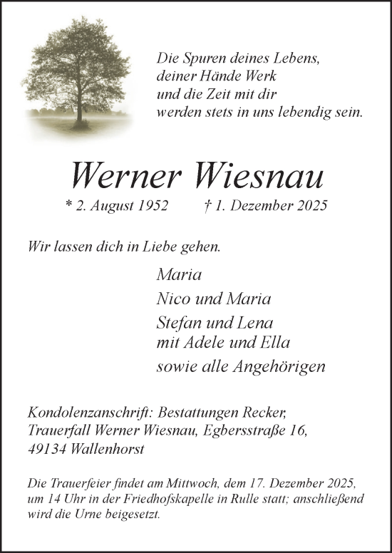 Traueranzeige von Werner Wiesnau von Neue Osnabrücker Zeitung GmbH & Co. KG