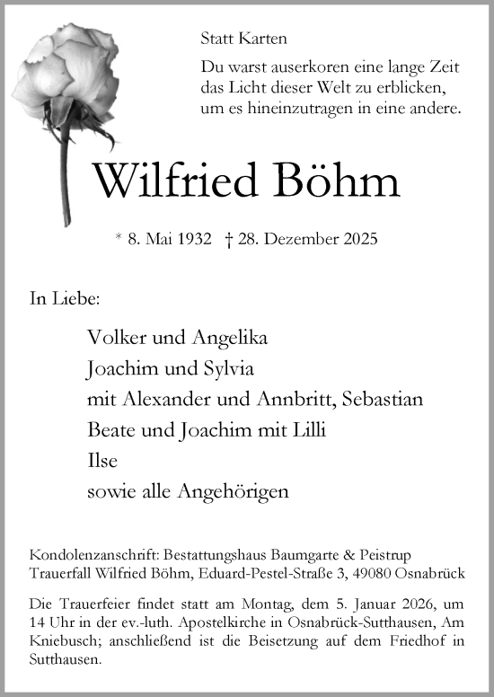 Traueranzeige von Wilfried Böhm von Neue Osnabrücker Zeitung GmbH & Co. KG