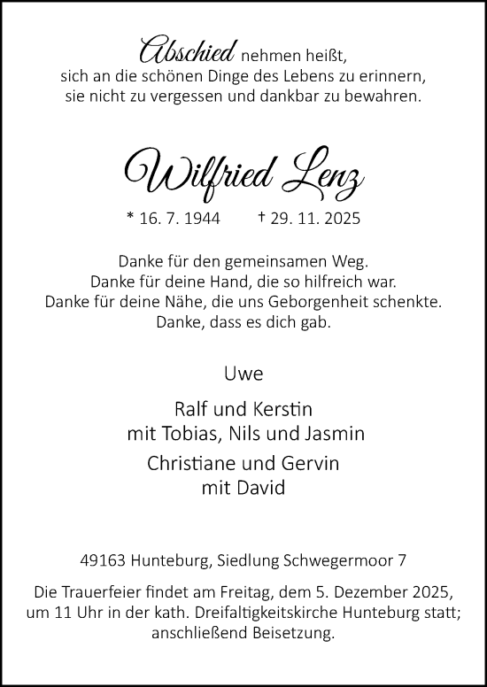 Traueranzeige von Wilfried Lenz von Neue Osnabrücker Zeitung GmbH & Co. KG