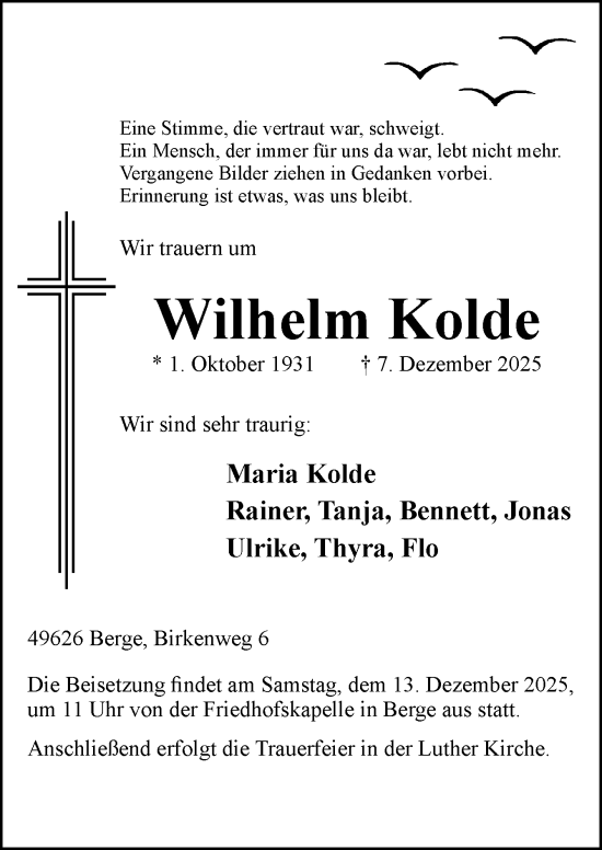 Traueranzeige von Wilhelm Kolde von Neue Osnabrücker Zeitung GmbH & Co. KG