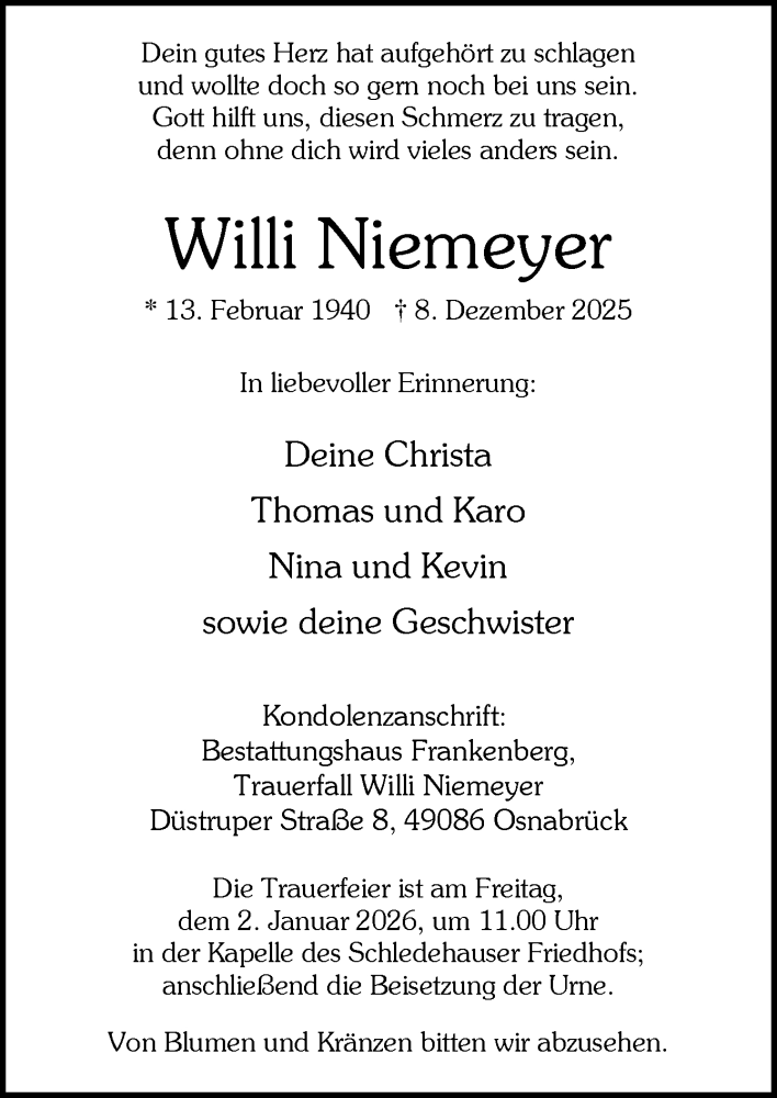  Traueranzeige für Willi Niemeyer vom 13.12.2025 aus Neue Osnabrücker Zeitung GmbH & Co. KG