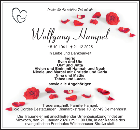 Traueranzeige von Wolfgang Hampel von DK Medien GmbH & Co. KG