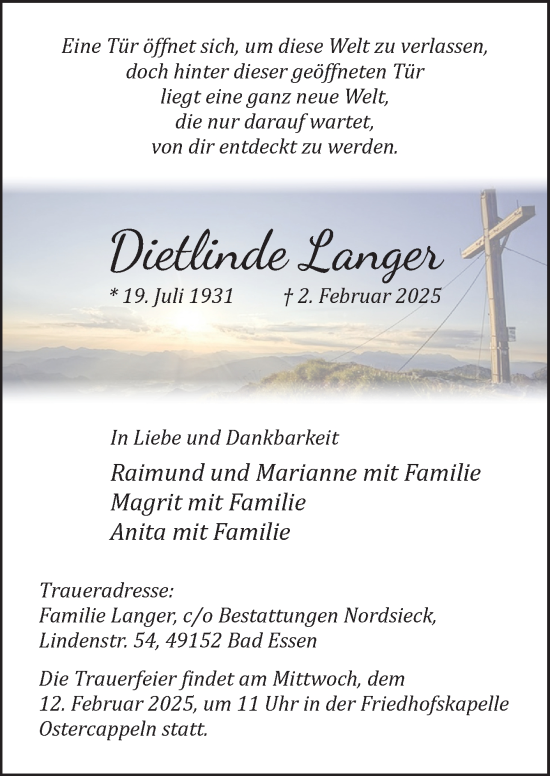 Traueranzeige von Dietlinde Langer von Neue Osnabrücker Zeitung GmbH & Co. KG