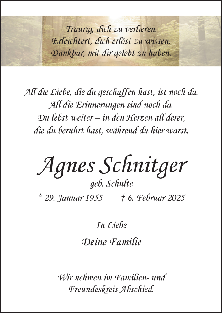  Traueranzeige für Agnes Schnitger vom 15.02.2025 aus Neue Osnabrücker Zeitung GmbH & Co. KG