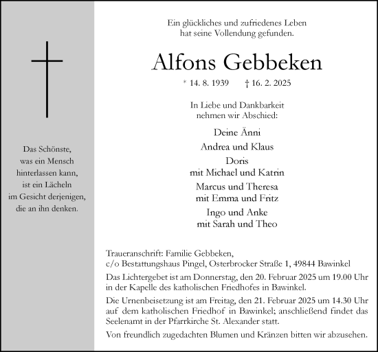 Traueranzeige von Alfons Gebbeken von Neue Osnabrücker Zeitung GmbH & Co. KG