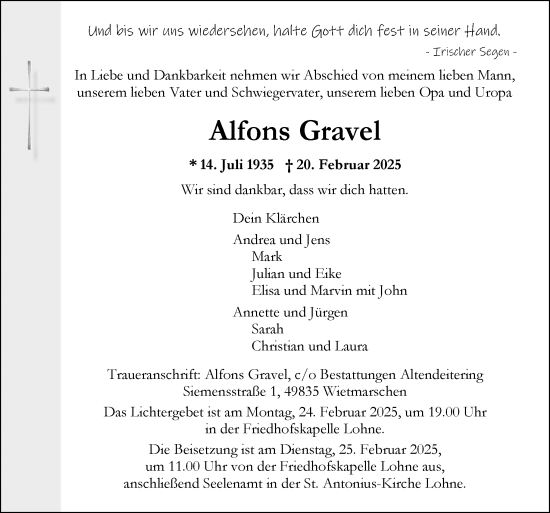 Traueranzeige von Alfons Gravel von Neue Osnabrücker Zeitung GmbH & Co. KG
