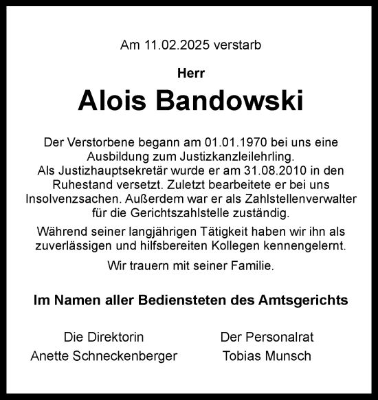 Traueranzeige von Alois Bandowski von Neue Osnabrücker Zeitung GmbH & Co. KG