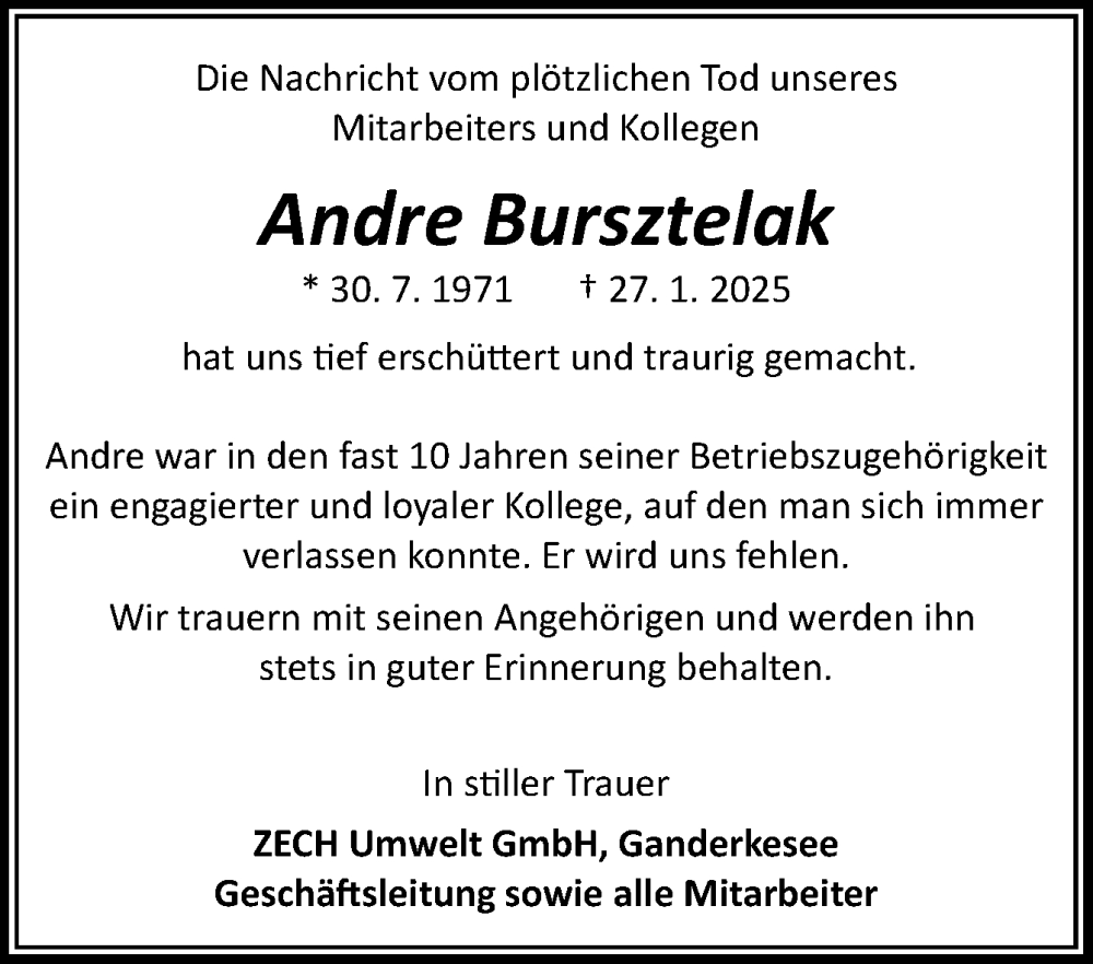  Traueranzeige für Andre Bursztelak vom 08.02.2025 aus DK Medien GmbH & Co. KG