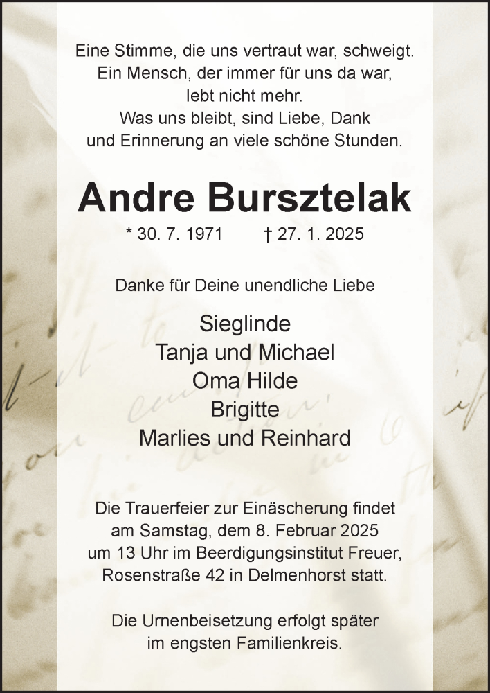  Traueranzeige für Andre Bursztelak vom 01.02.2025 aus DK Medien GmbH & Co. KG