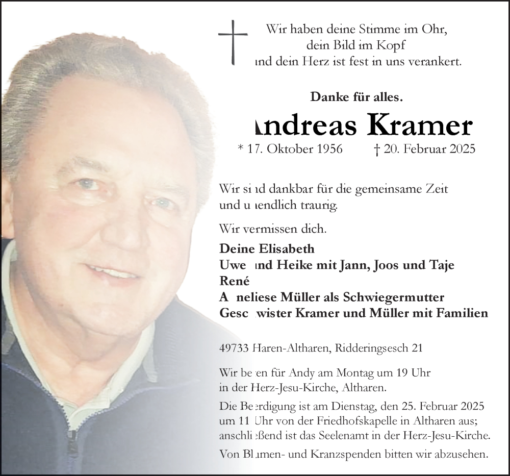  Traueranzeige für Andreas Kramer vom 24.02.2025 aus Neue Osnabrücker Zeitung GmbH & Co. KG