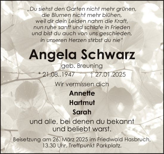 Traueranzeige von Angela Schwarz von DK Medien GmbH & Co. KG