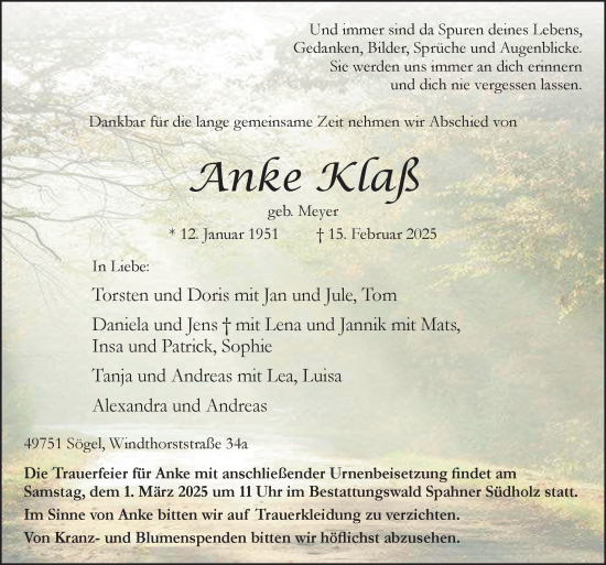 Traueranzeige von Anke Klaß von Neue Osnabrücker Zeitung GmbH & Co. KG
